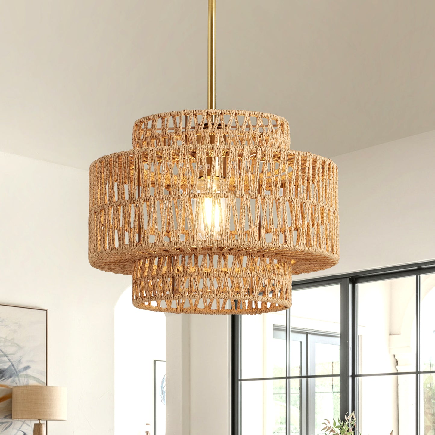 12.6in Boho Rattan Pendant Light Fixture - Farmhouse Rustic Hanging Lamp for Kitchen & Living Room