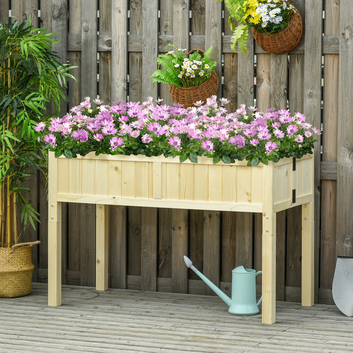 Foldable Wooden Raised Garden Bed with Drainage Holes & Inner Liner - Natural Fir Wood, 1195x150x400 mm