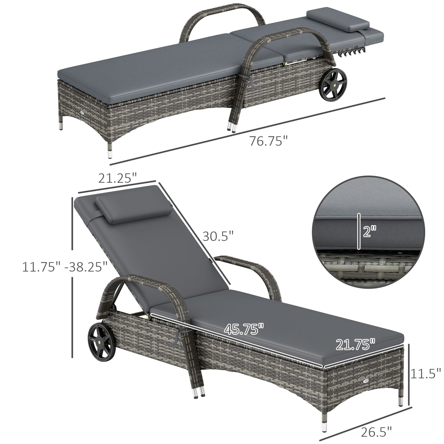 2 Reclining Chaise Lounge Chairs with Cushions and Wheels - Gray