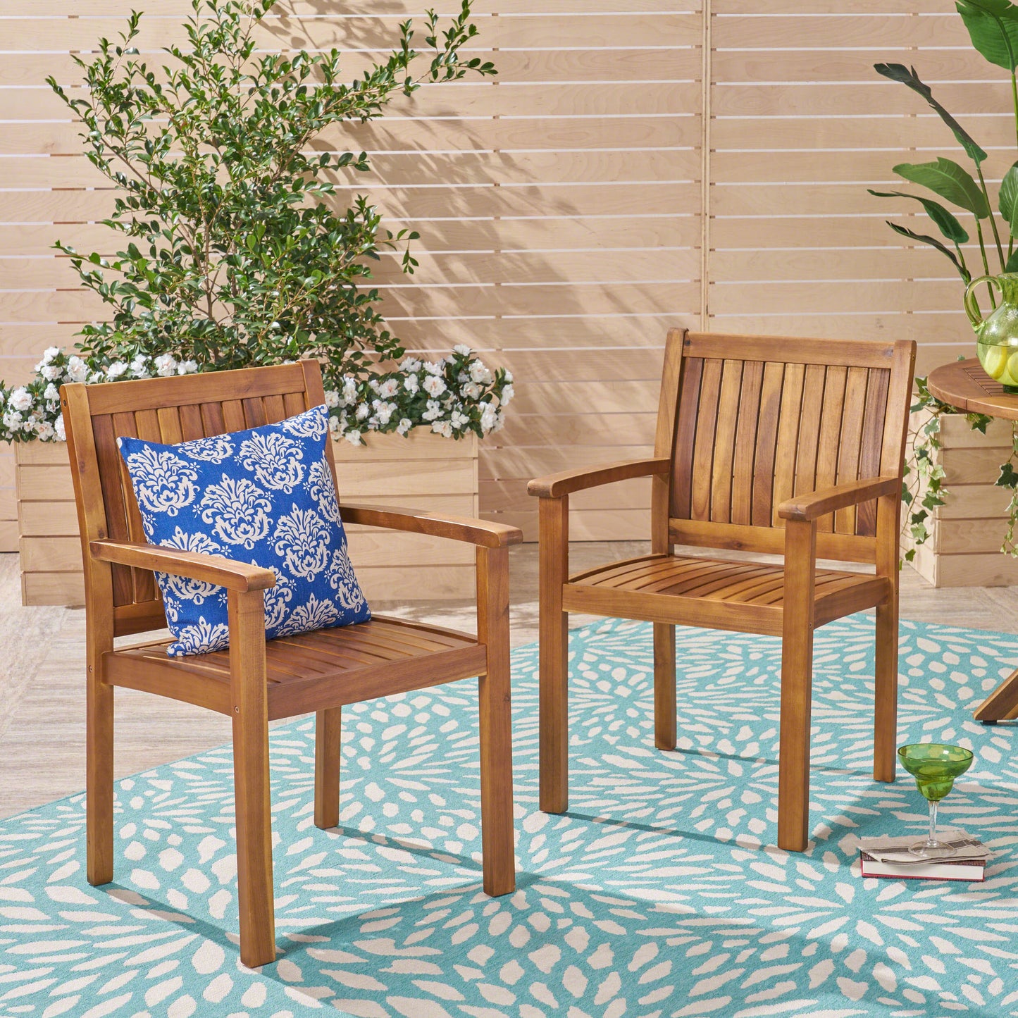 Set of 2 Teak Acacia Wood Dining Chairs - Rustic Design