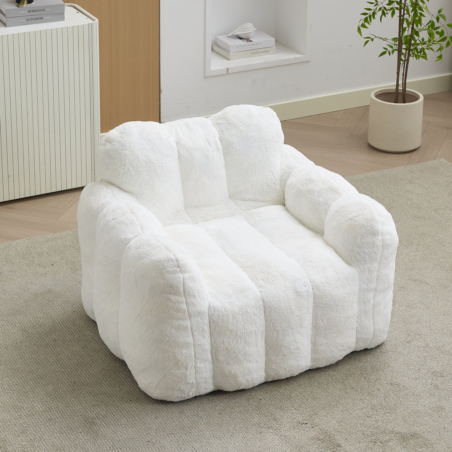 Adult Bean Bag Sofa with Pull Ring - White Faux Fur