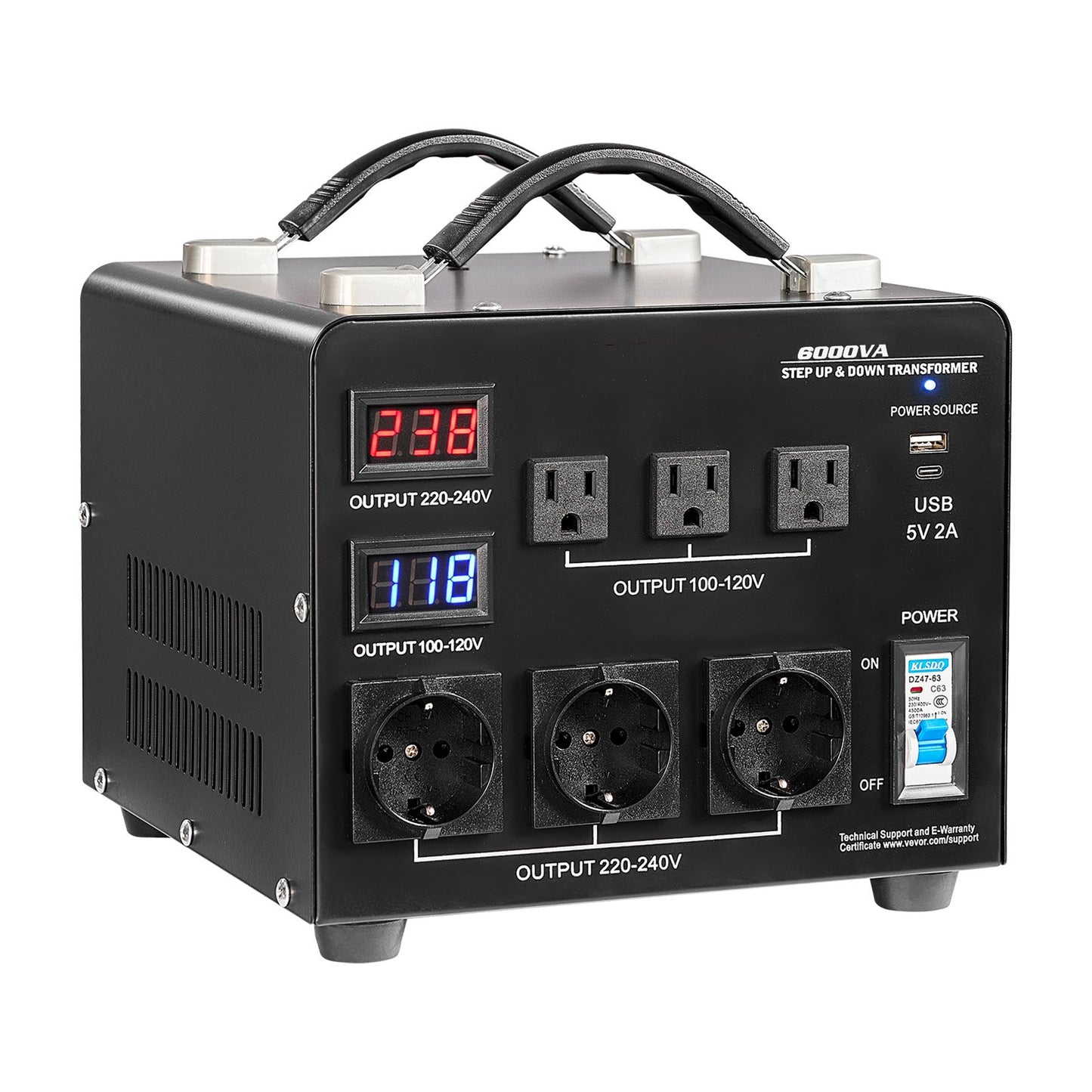 6000VA Step Up Down Voltage Converter Transformer - Auto Detection, Black