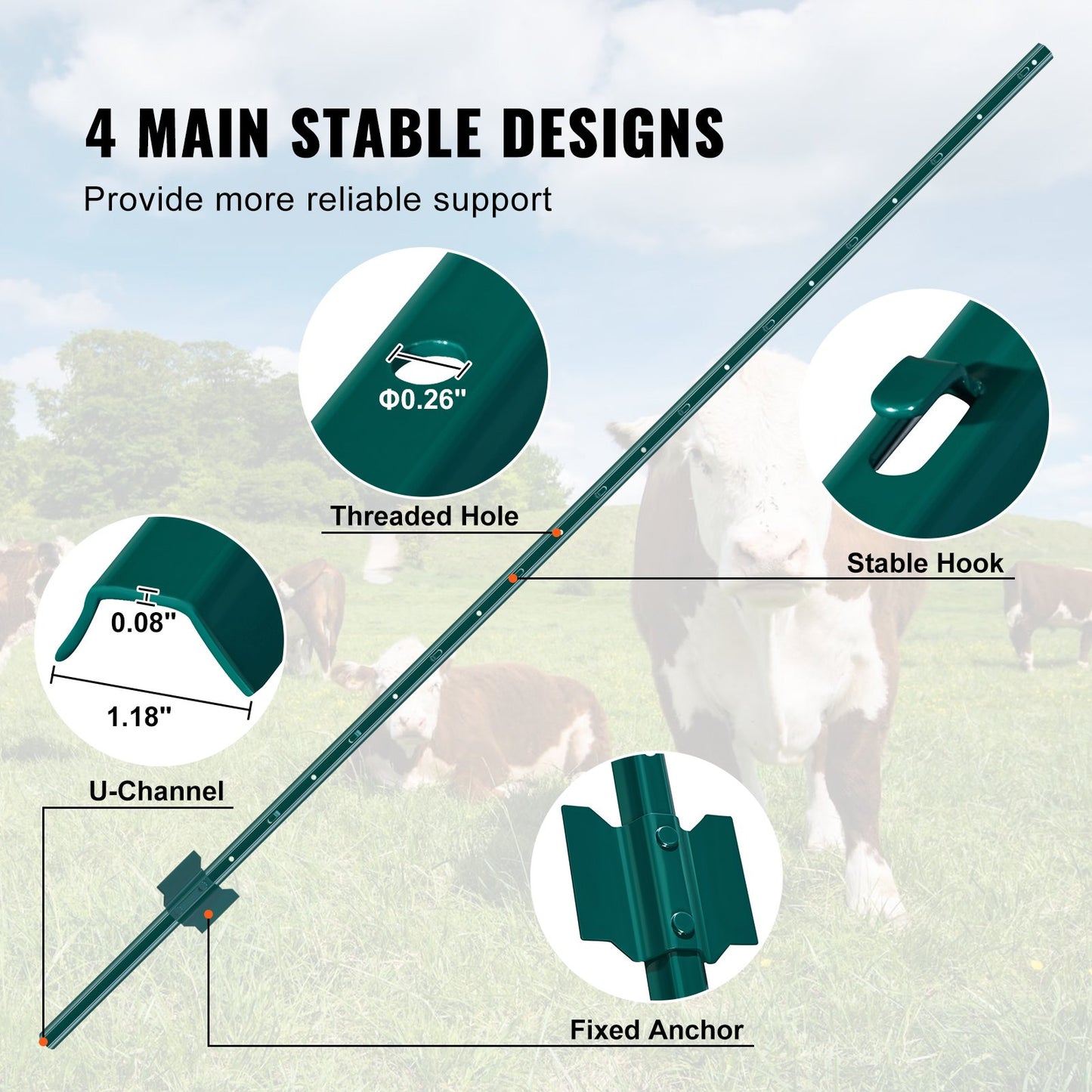 Heavy Duty 6ft Metal Fence Posts 6 Pack U-Channel Green Garden Fence Support