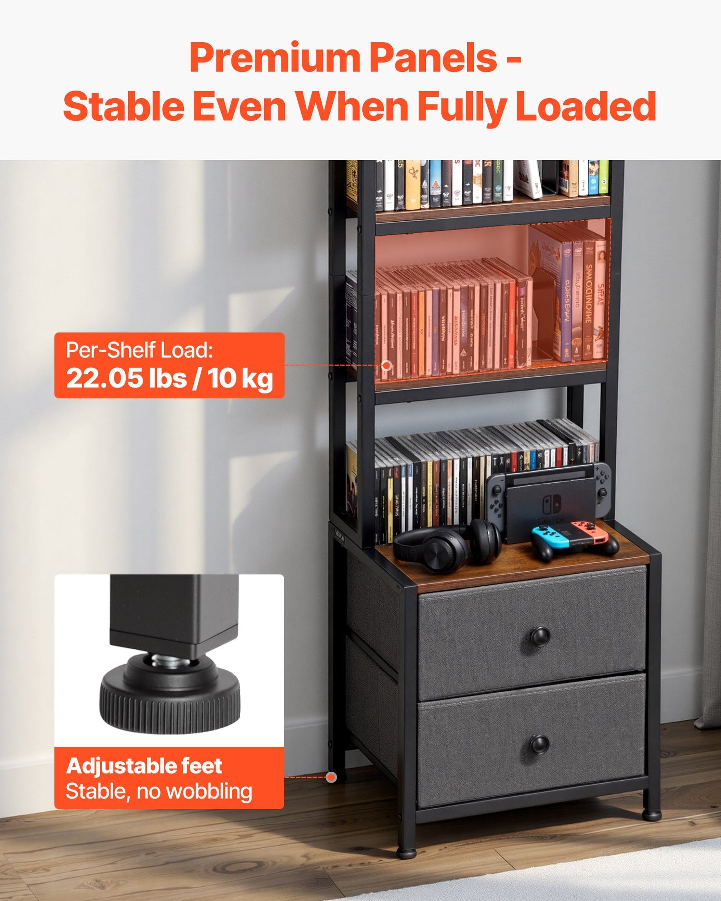 Media Storage Cabinet with 4 Shelves and Drawers - Black, 56.5 Inch Organizer for CDs, DVDs, Books, and Games