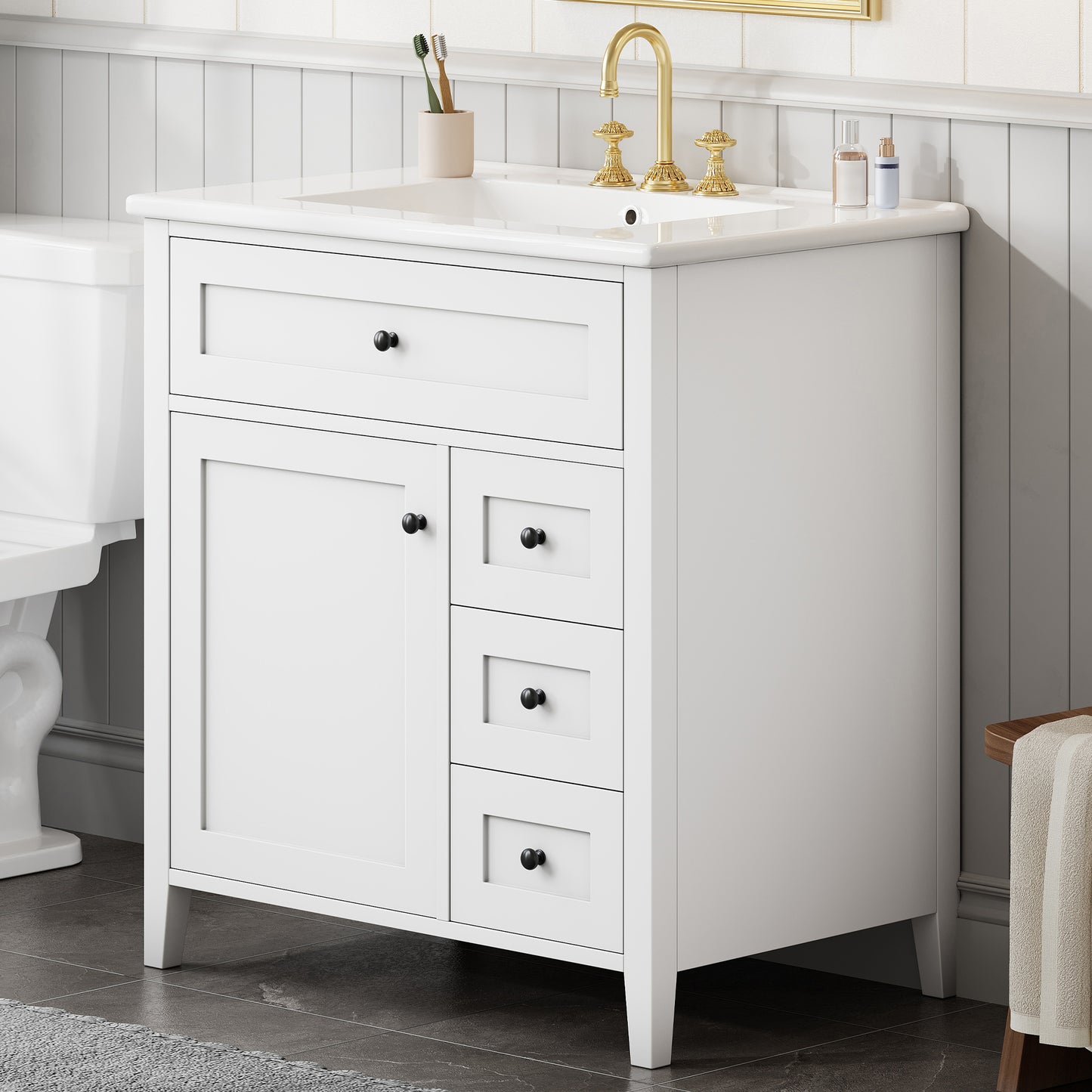 30-Inch White Bathroom Vanity with Sink, MDF & Rubberwood Cabinet