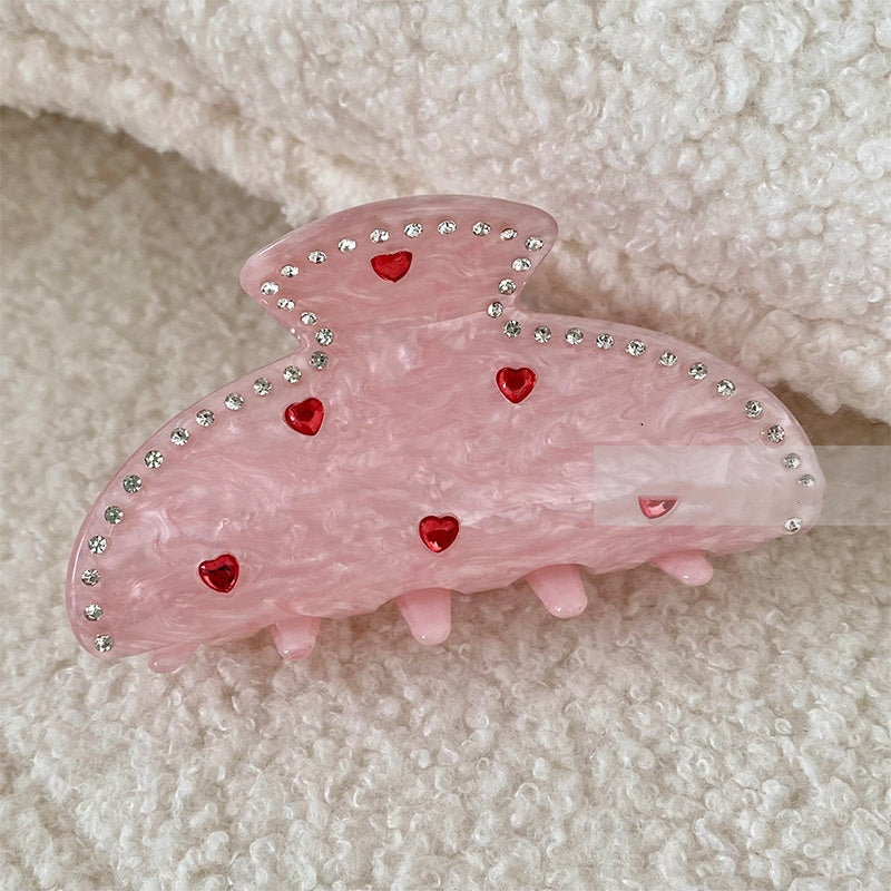 Rhinestone Love Heart Hair Clip - Pink, 10cm