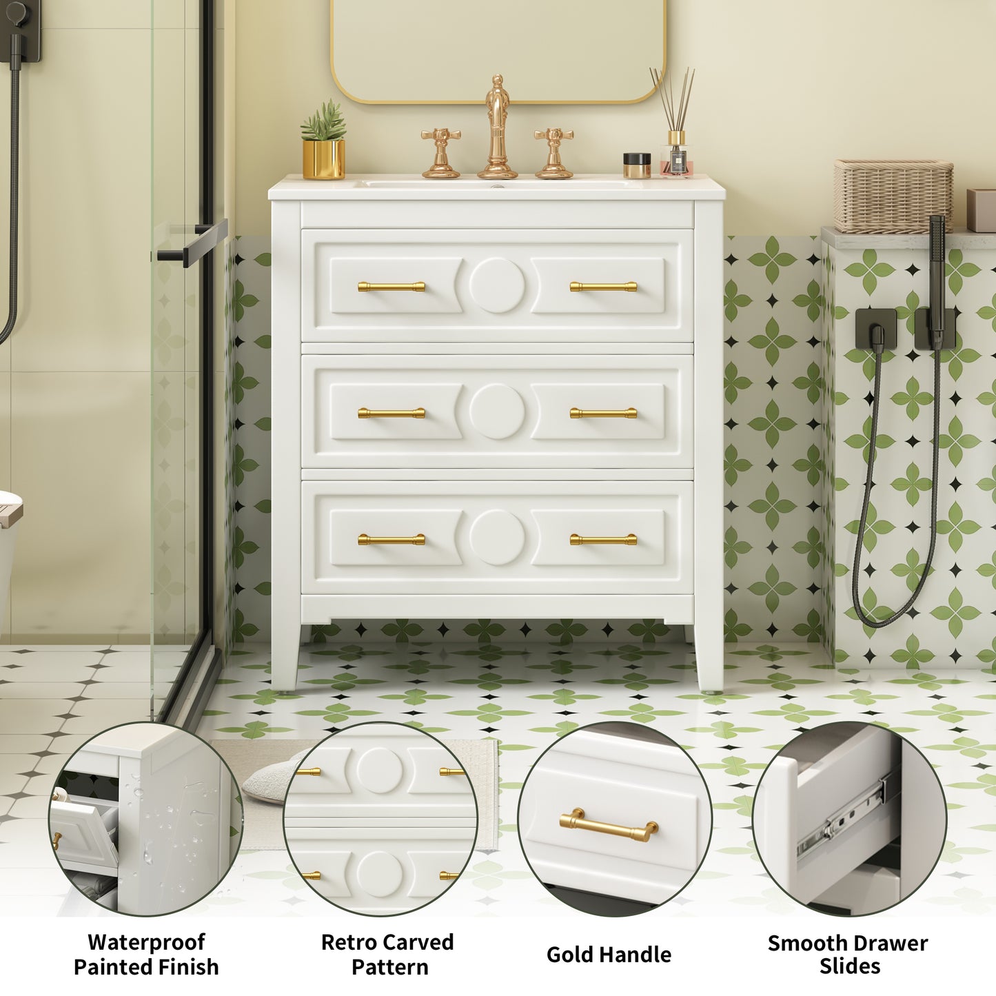 30'' White Bathroom Vanity with Ceramic Sink and 3 Drawers
