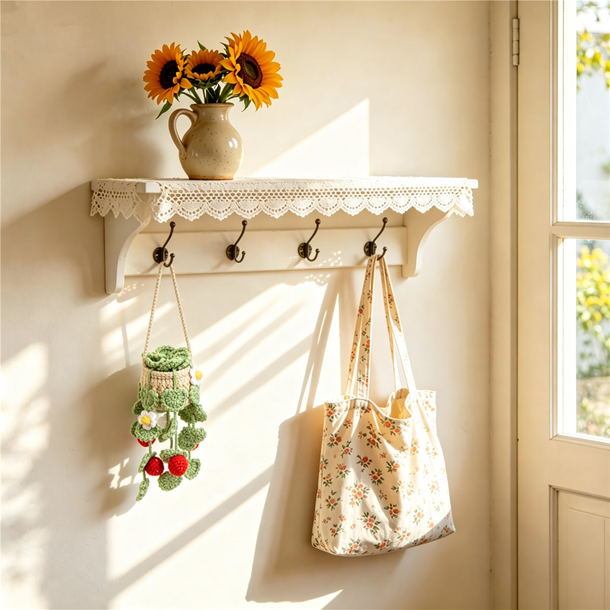 Handmade Crochet Hanging Plant Ornament with Strawberry & White Blossom Decor - Indoor Home Decor
