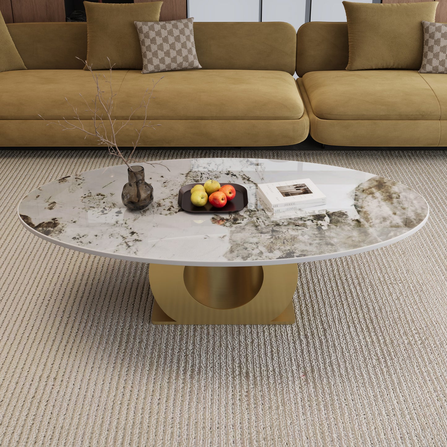 Modern 49.2" Oval Sintered Stone Coffee Table with Stainless Steel Base - Gold & White