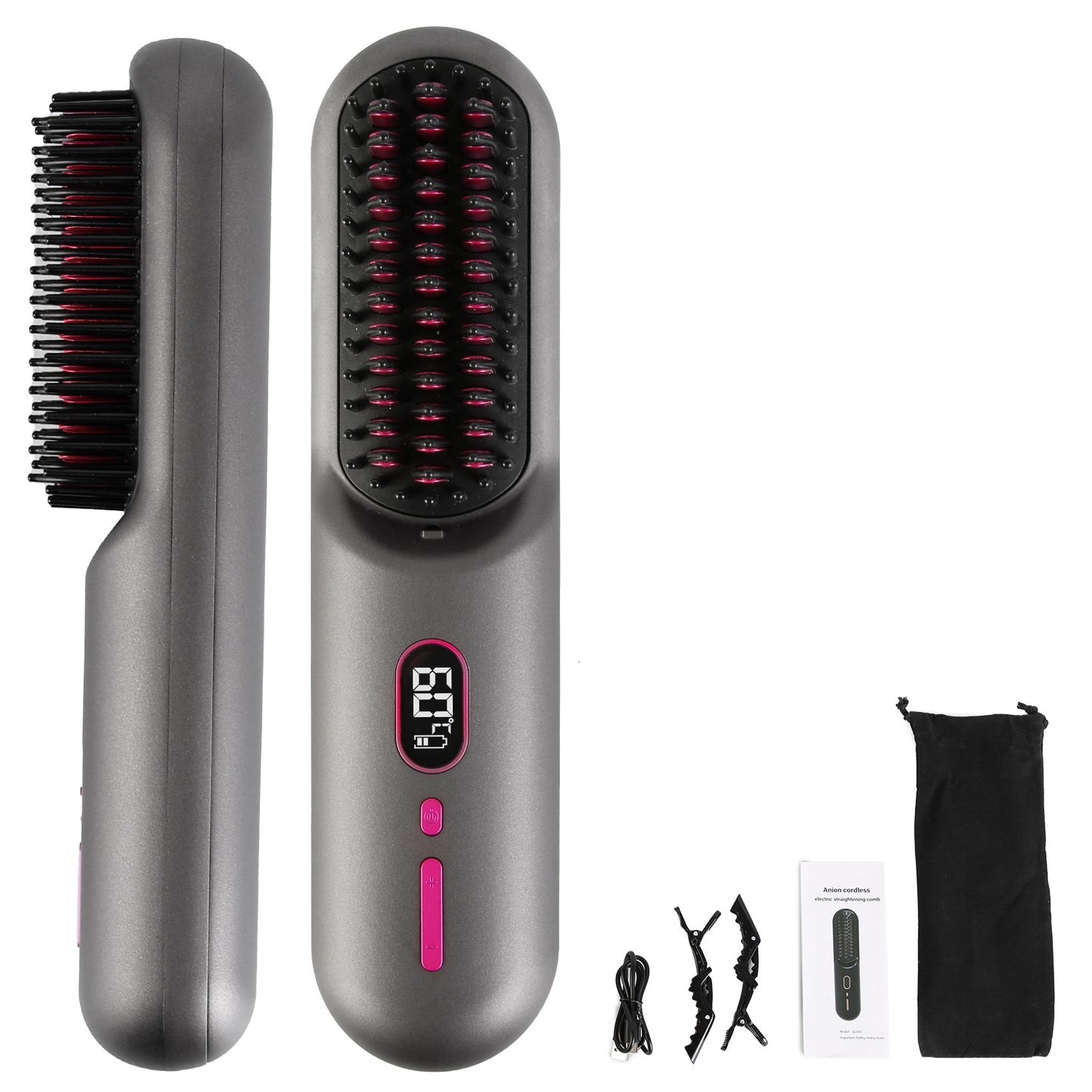 Cordless Negative Ion Hair Straightener Brush - Portable Rechargeable Comb