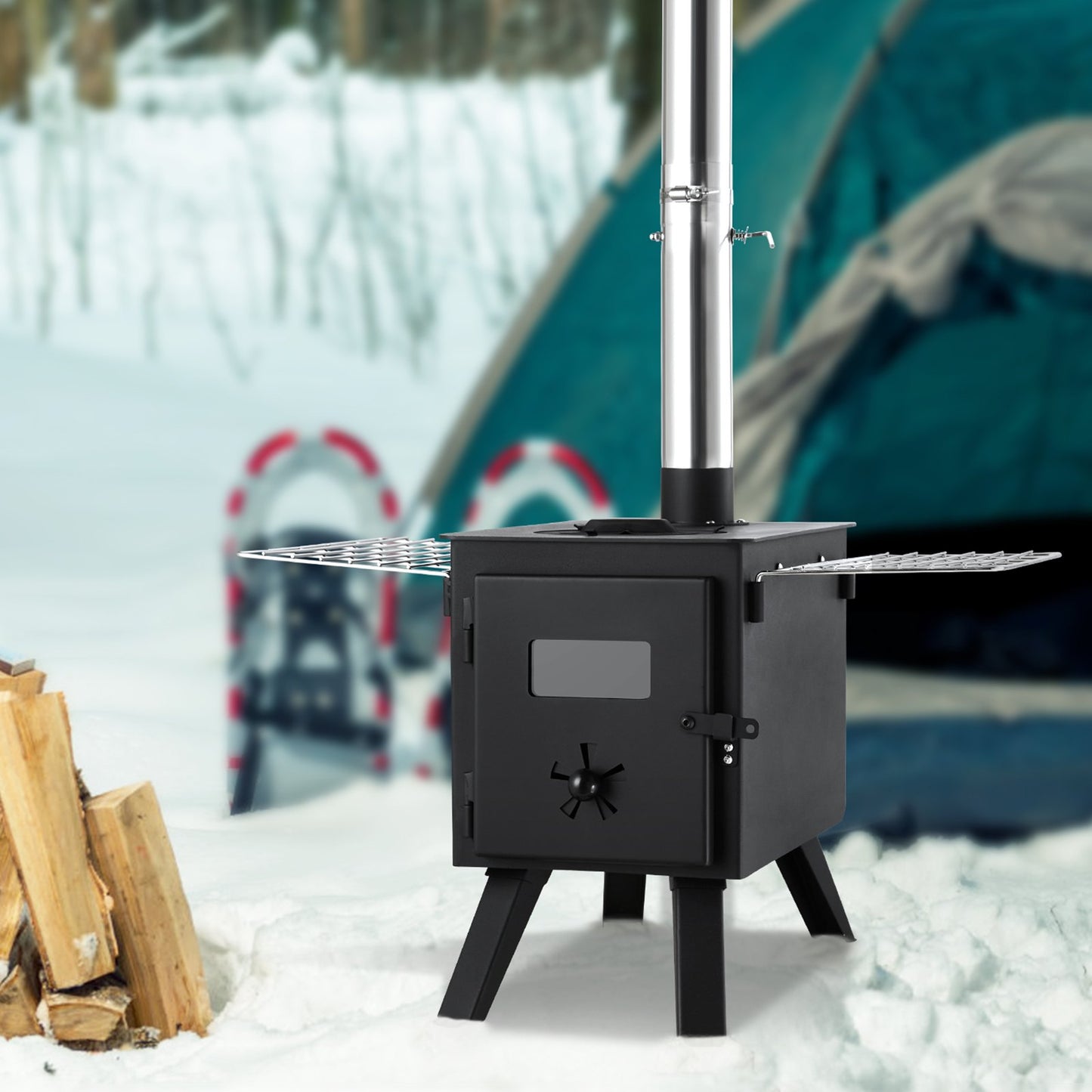 Portable Wood Stove 86 Inch Alloy Steel Camping Tent Heater with Chimney & Gloves