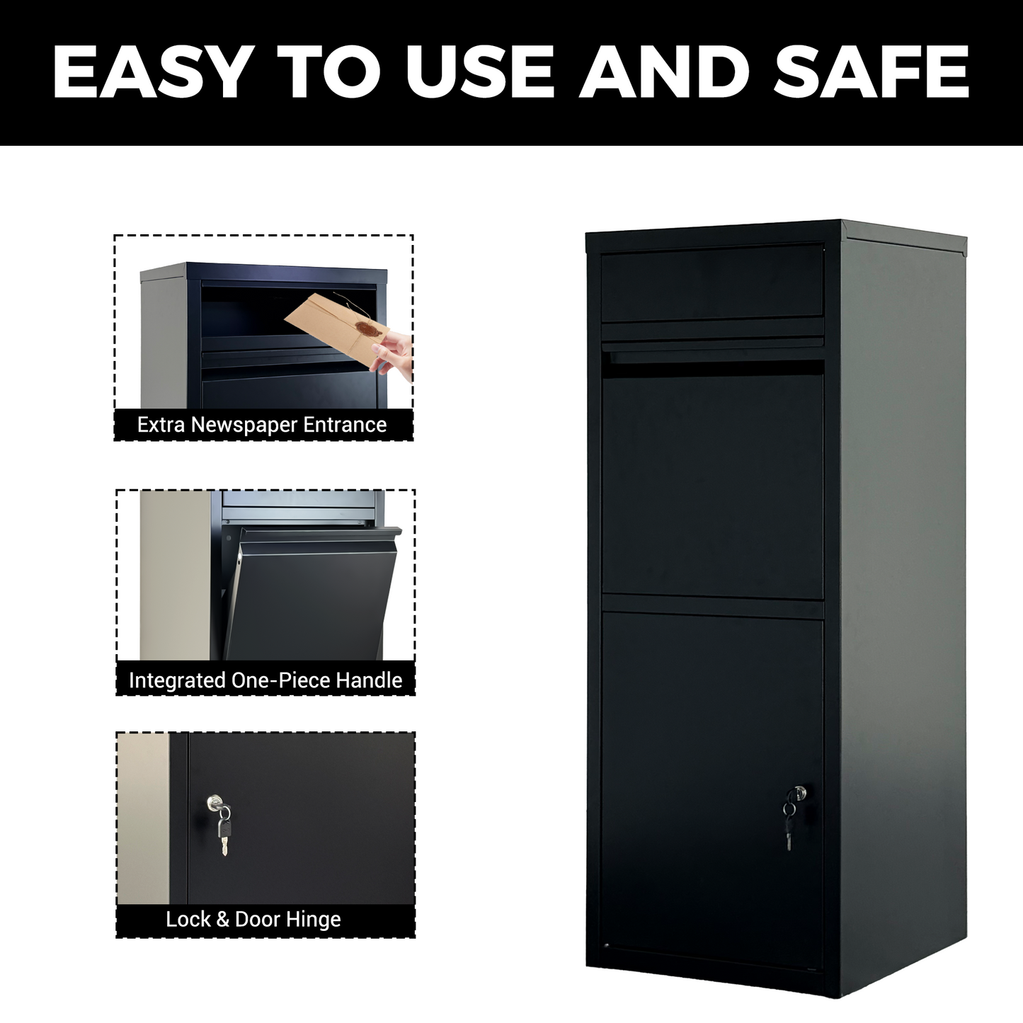 Large Steel Package Delivery Box with Lockable Mail Compartment - Black