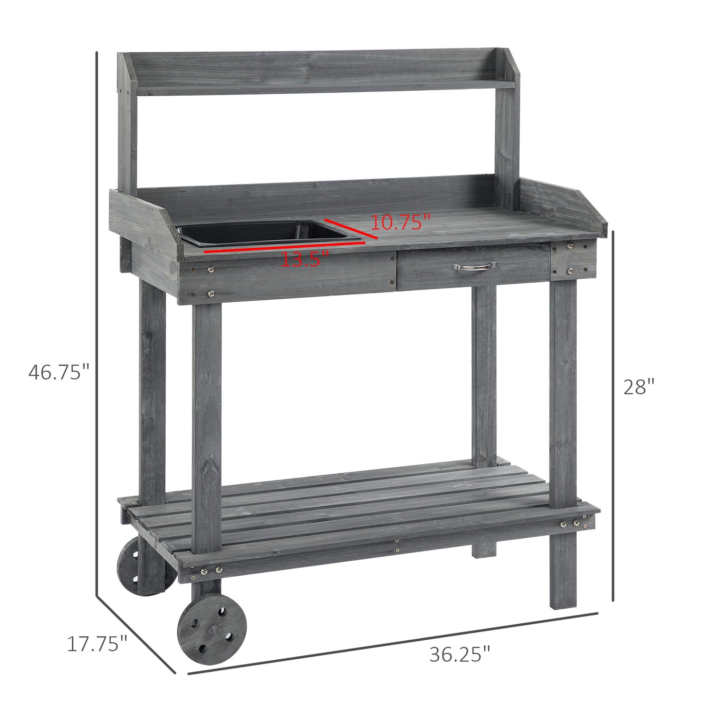 Wooden Potting Bench with Sink, Wheels, Drawer & Storage - Gray Garden Work Table