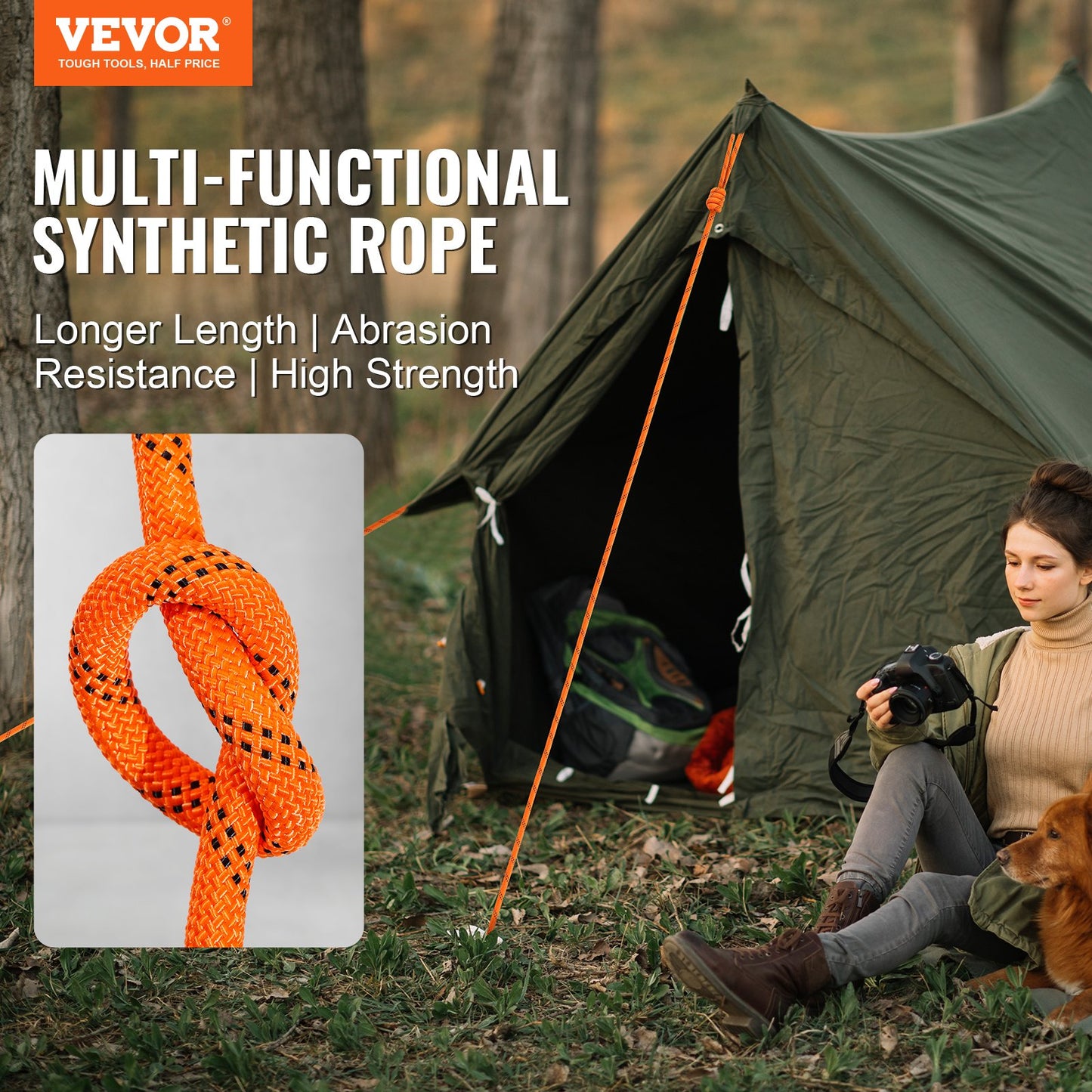 Outdoor Double Braided Polyester Rope - 3/4 Inch x 220 Ft, 20000 LBS Strength, Orange