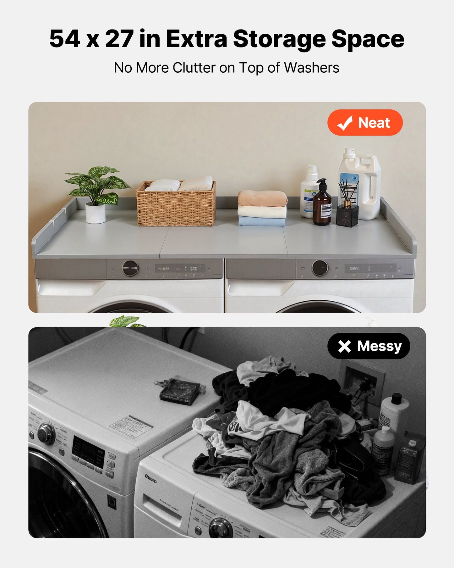 Wooden Washer Dryer Countertop with Edge & Hooks - 54 x 27.5 in Water-Resistant Laundry Shelf for Closet & Utility Room