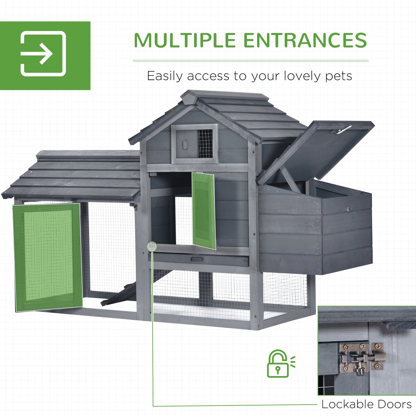 Small Wooden Chicken Coop with Nesting Box & Removable Tray - Gray, 925x575x260mm