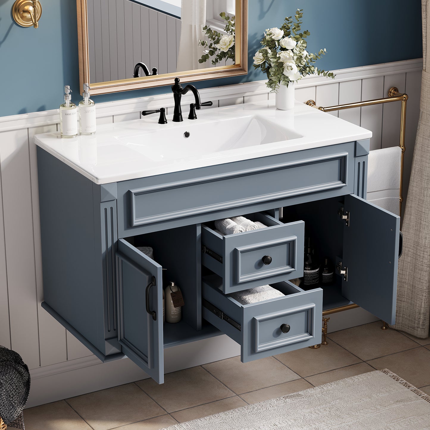 36-Inch Wall Mounted Bathroom Vanity with Ceramic Sink - Blue