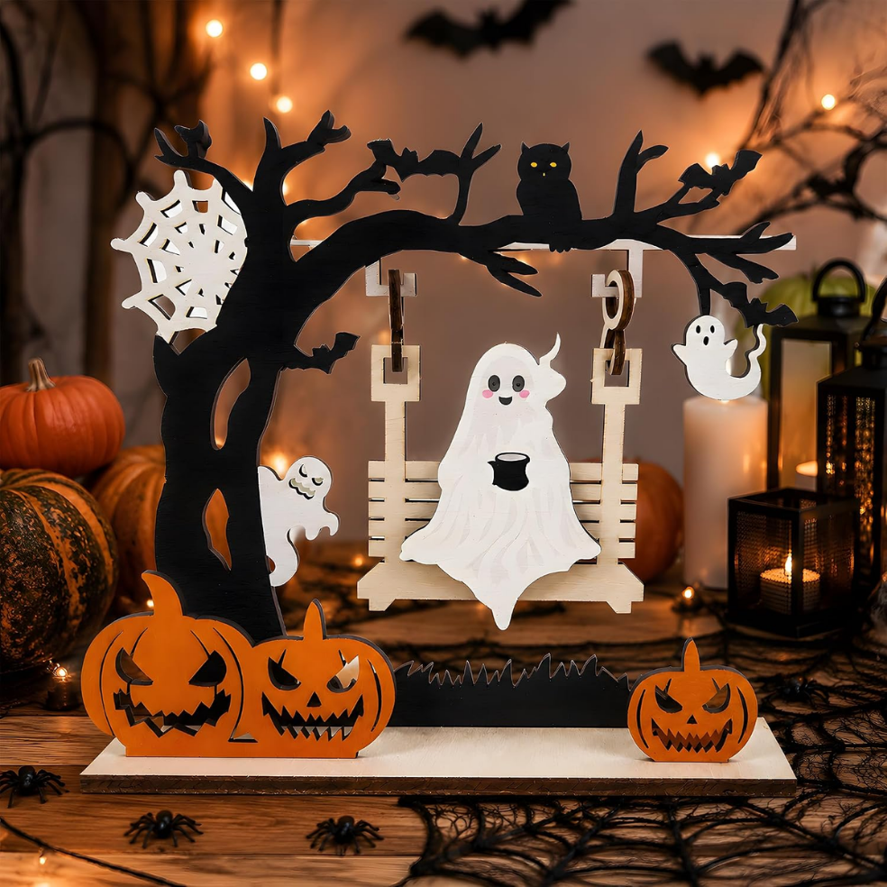 Halloween Ghost Pumpkin Wooden Centerpiece Decor - Black