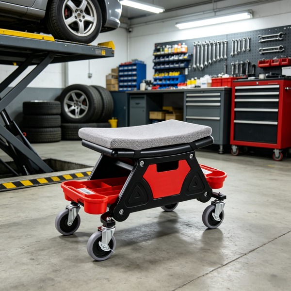Heavy Duty Mechanical Rolling Stool with Tool Trays & 300 LBS Capacity
