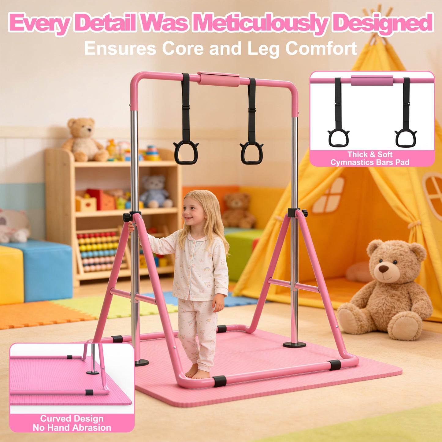 Adjustable Height Gymnastics Training Bar for Kids - Pink
