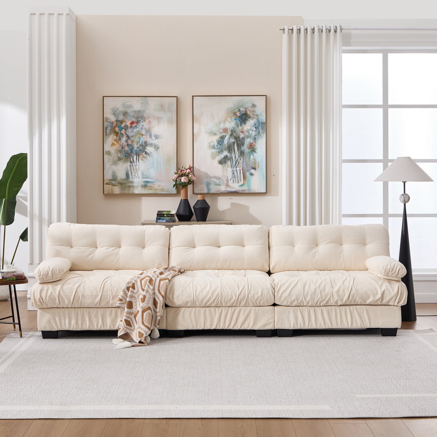 Modular Sectional Sofa - 3-Seater Cloud Couch with 5 Pillows - Beige