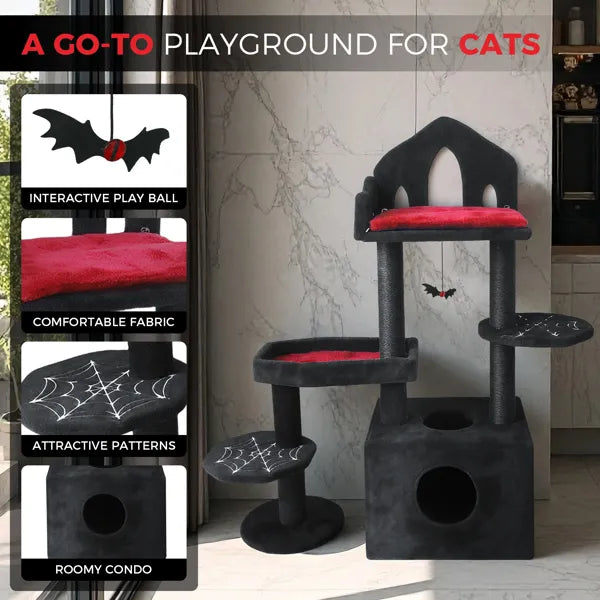 Gothic Cat Tree Tower with Scratching Posts, Perches & Cat Cave - 44.5in Black