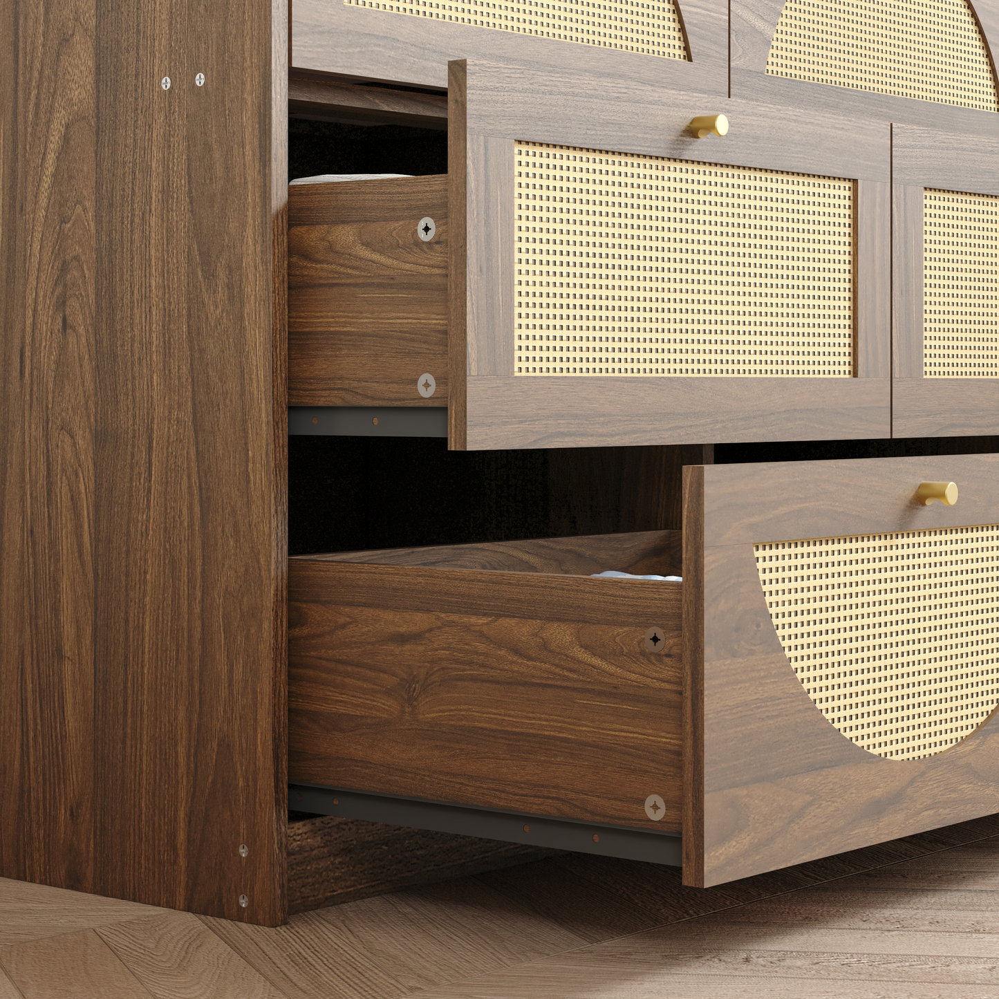 Modern 9-Drawer Dresser with Rattan Front - Walnut Finish