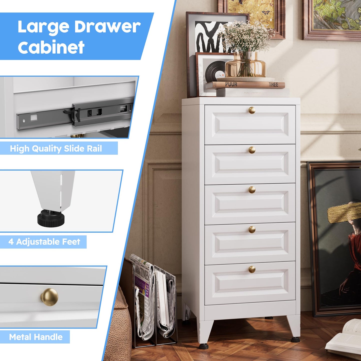 Metal Bathroom Storage Cabinet with 5 Drawers - White
