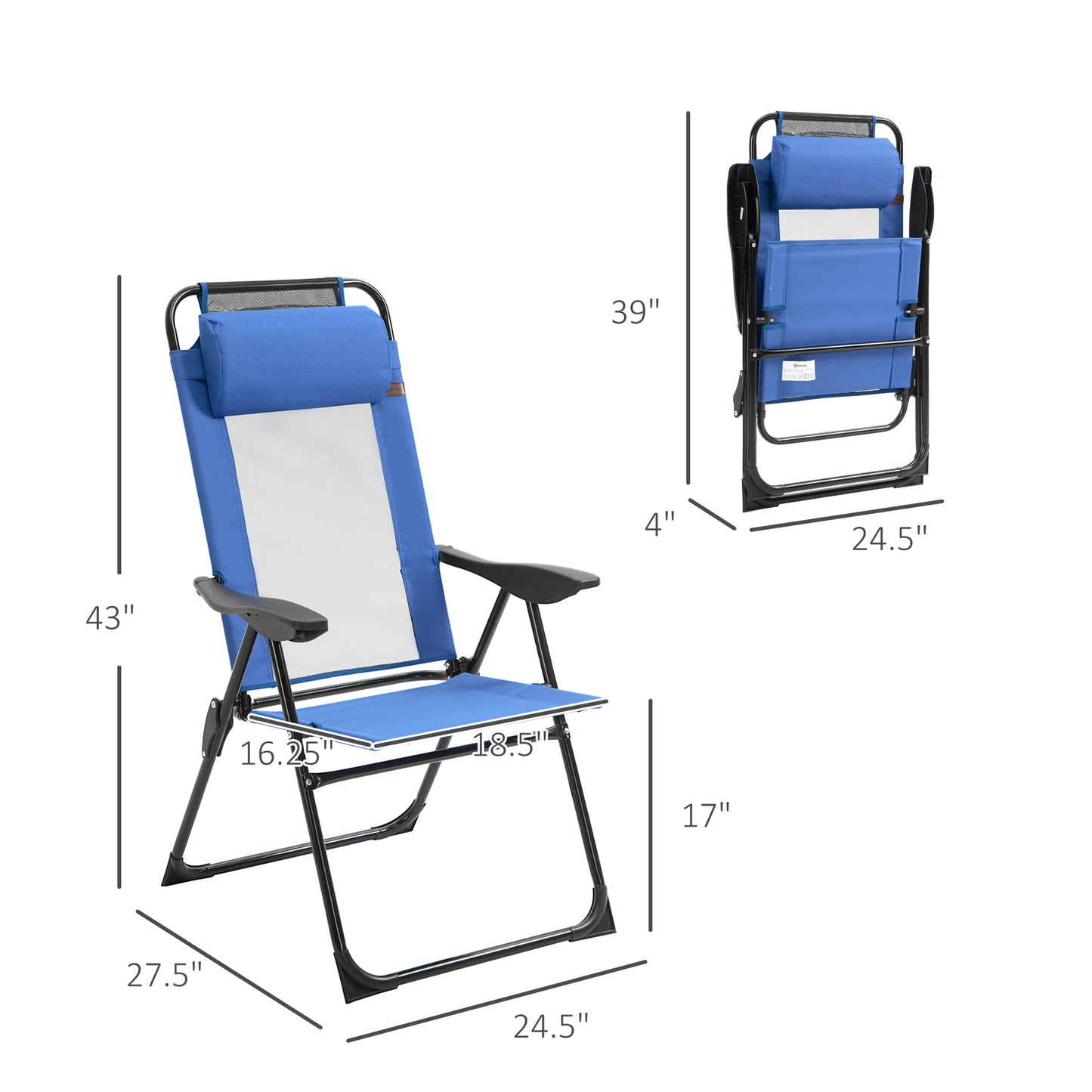Folding Patio Dining Chairs Set of 2 - Adjustable Sling Back, Blue
