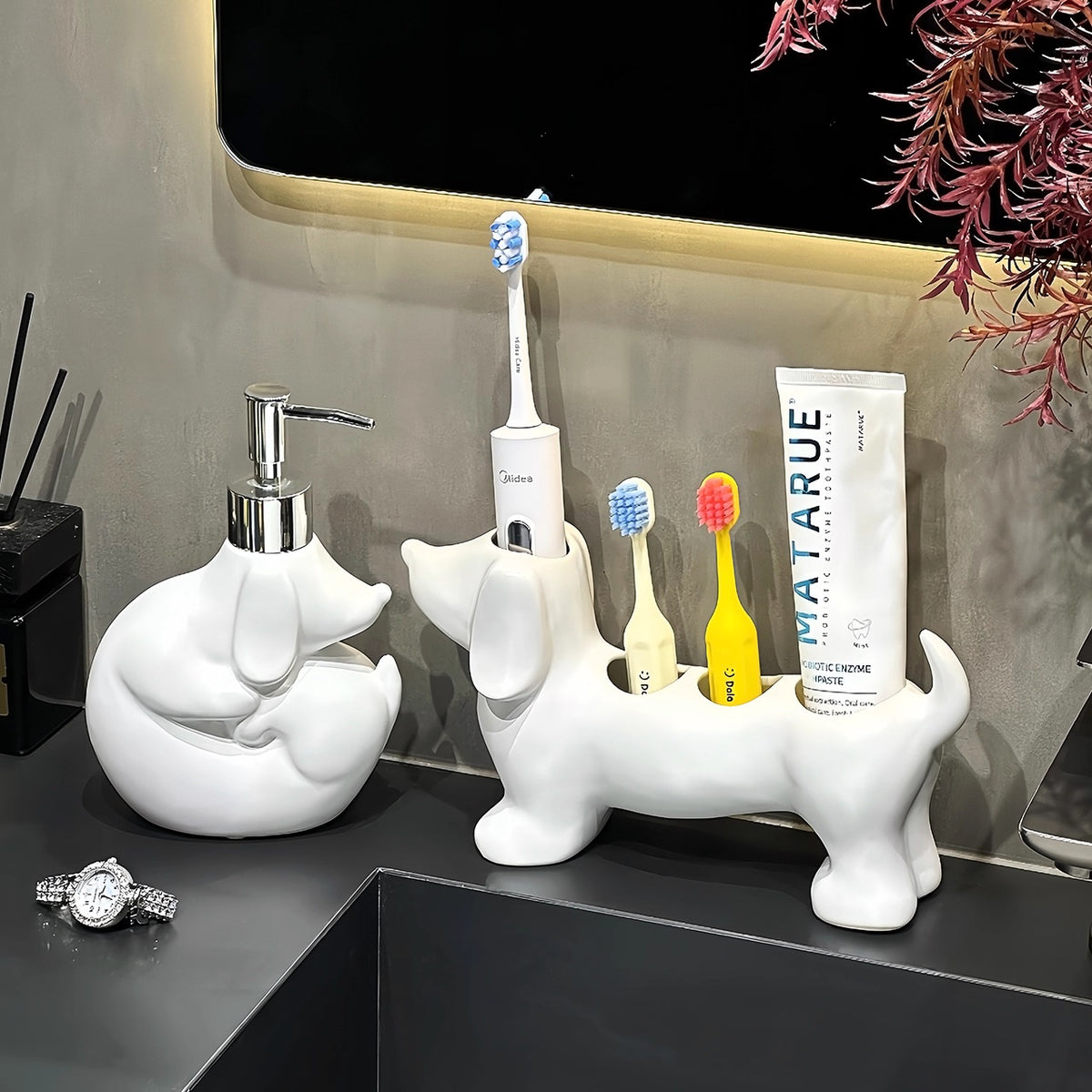 Cute Sausage Dog Lotion Bottle & Toothbrush Holder Set - Home Storage