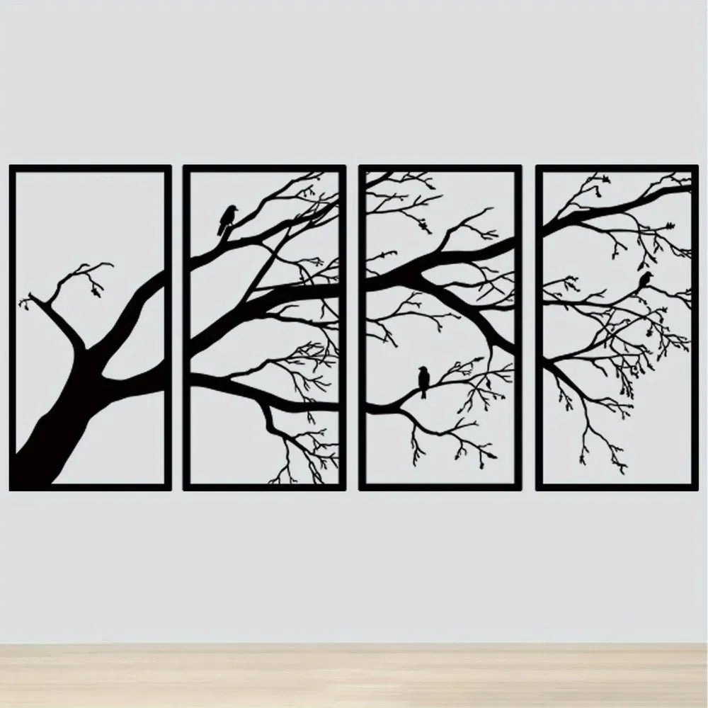 Minimalist Iron Bird & Branch Wall Art - 4-Panel Nature Home Decor