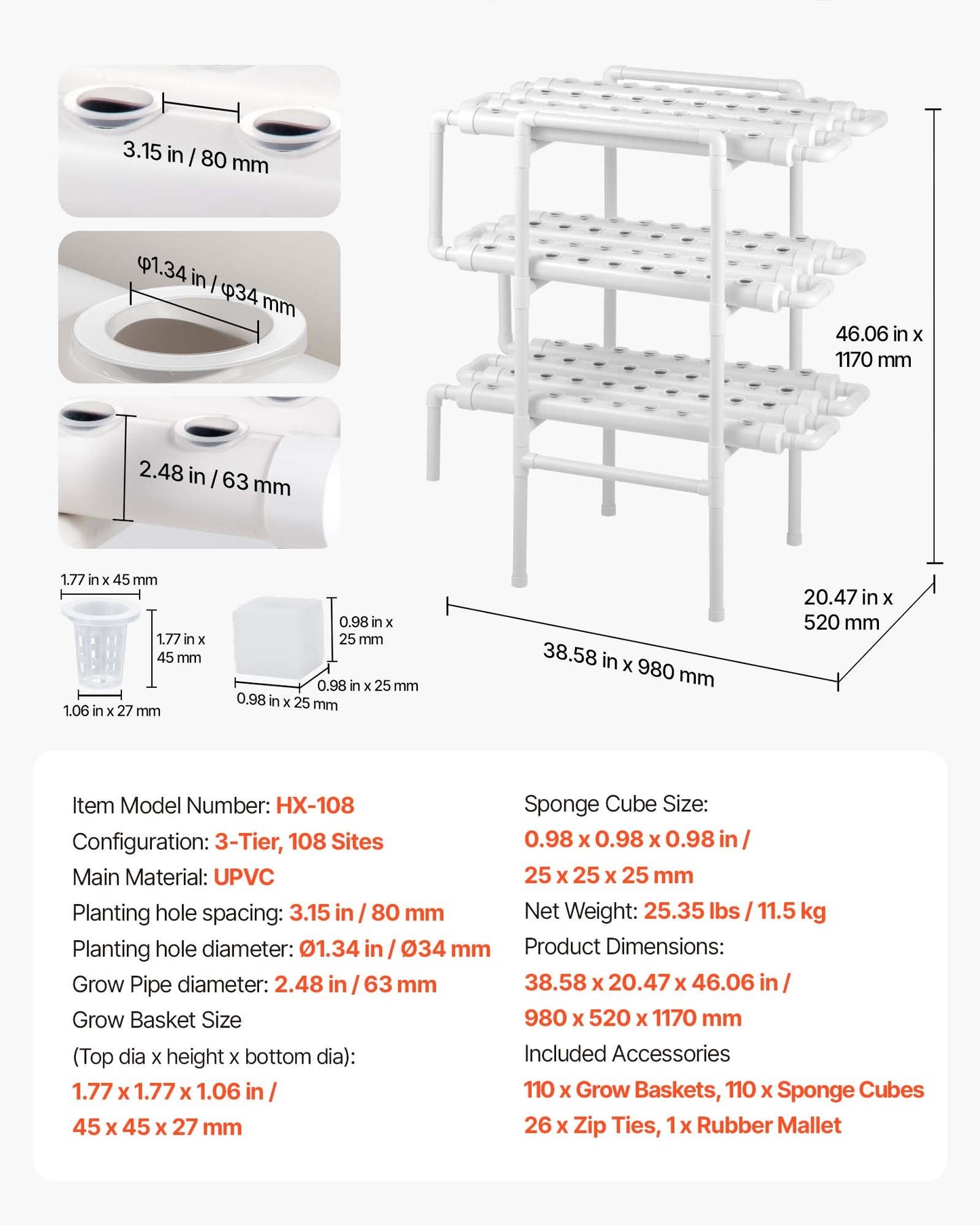 Hydroponic Growing System Kit 3-Tier 108 Sites Indoor Garden with Timed Irrigation