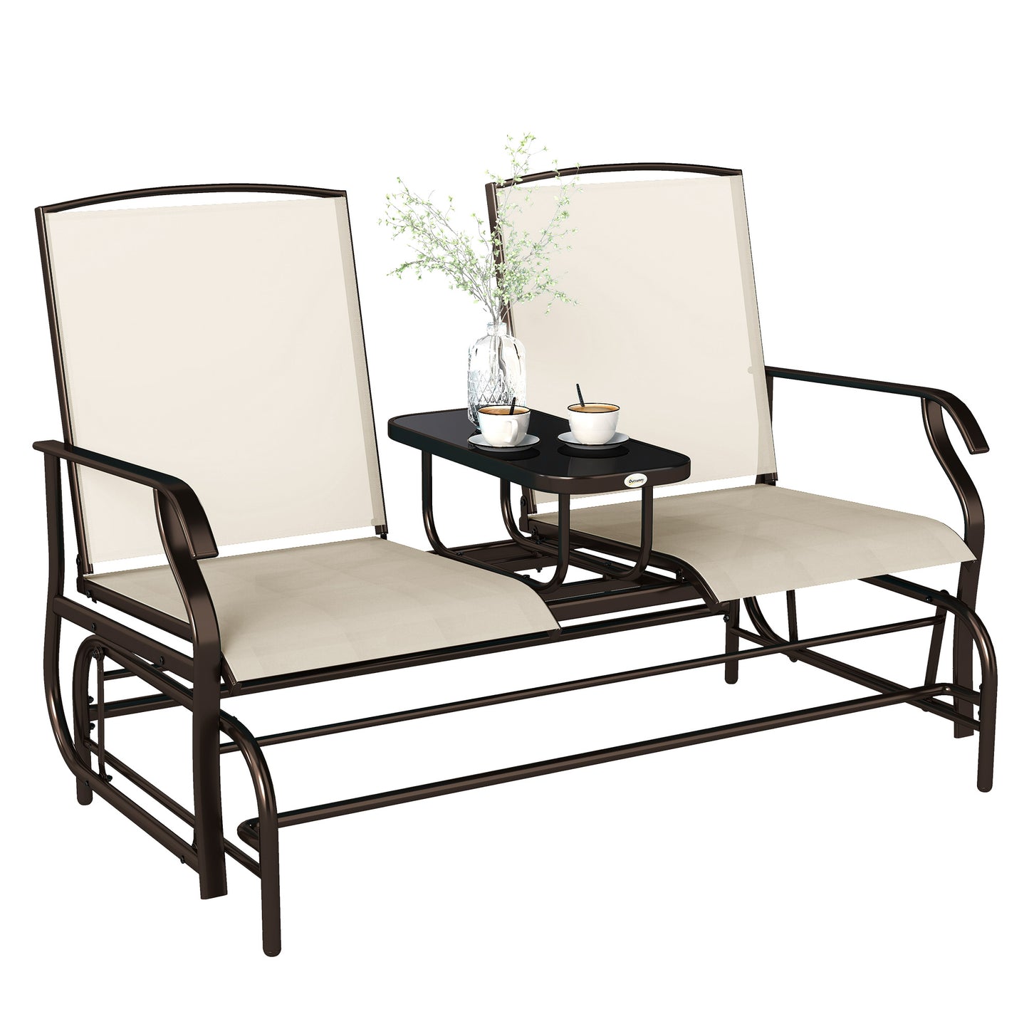Two-Person Outdoor Glider Bench with Center Table - Beige
