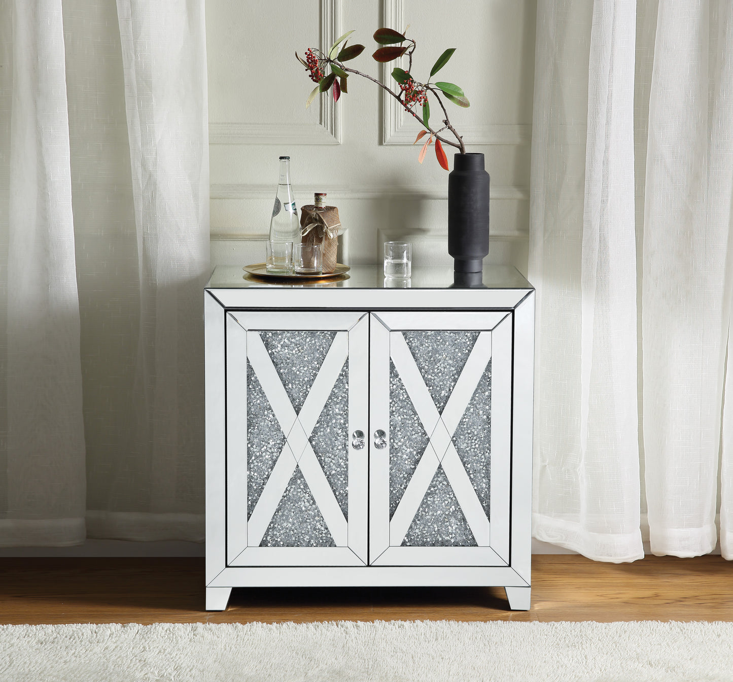 Mirrored Console Cabinet with Faux Diamonds - Silver
