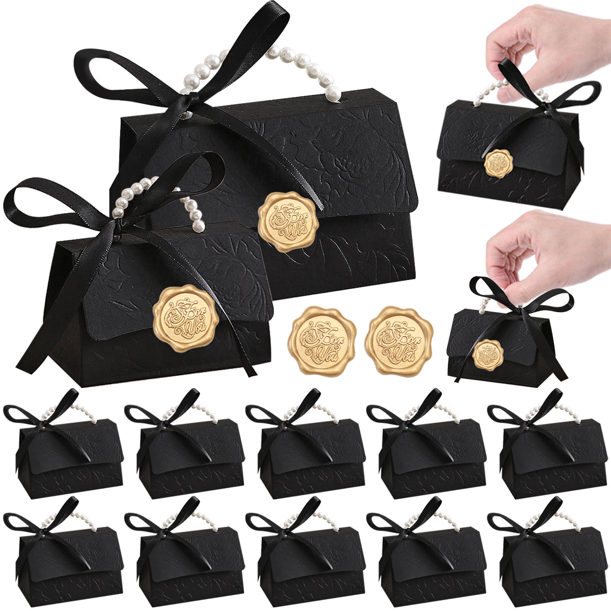 10 Black Gift Boxes with Golden Seal Stickers for Presents