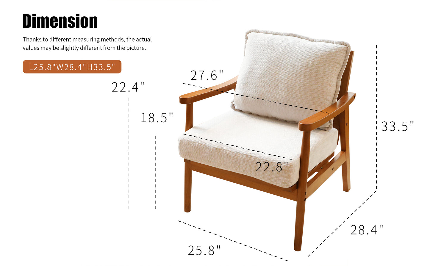 Accent Chair with Solid Wood Frame - White Fabric Cushion