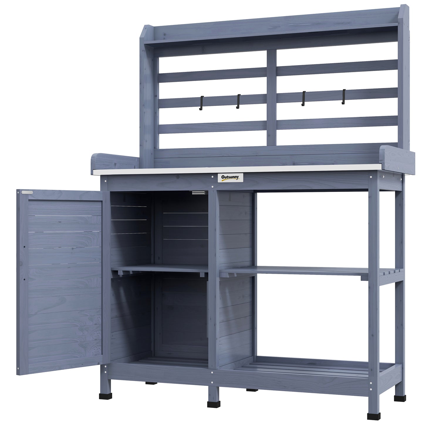 Wooden Potting Bench with Storage and Aluminum Tabletop for Garden, Patio, Balcony - Gray