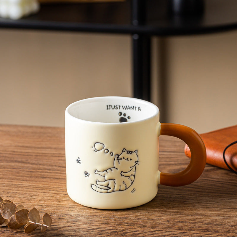 Cute Hand Painted Ceramic Cat Mug with Lid and Spoon - 380ml