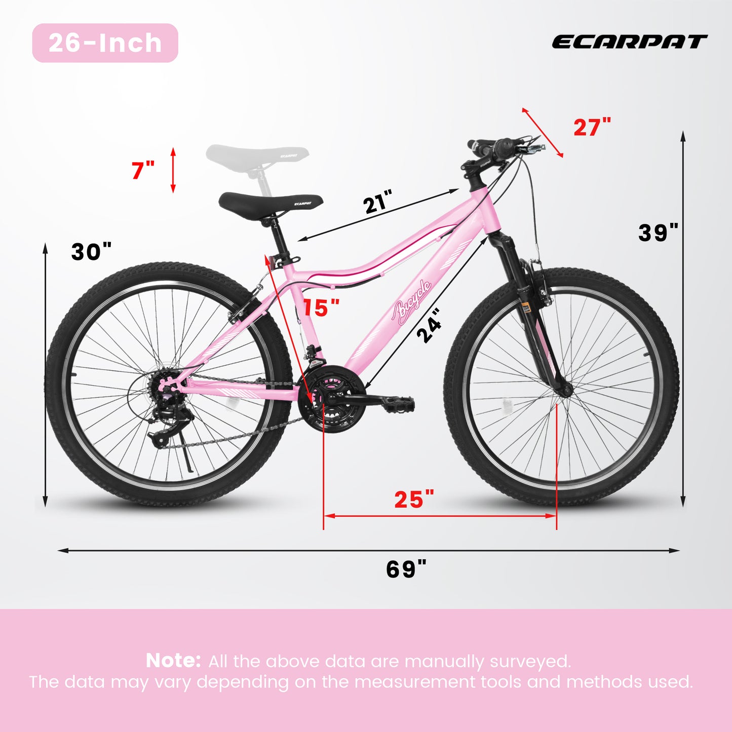 A26208D Mountain Bike - 24/26 Inch, High-Density Steel Frame, 21 Speed, Pink