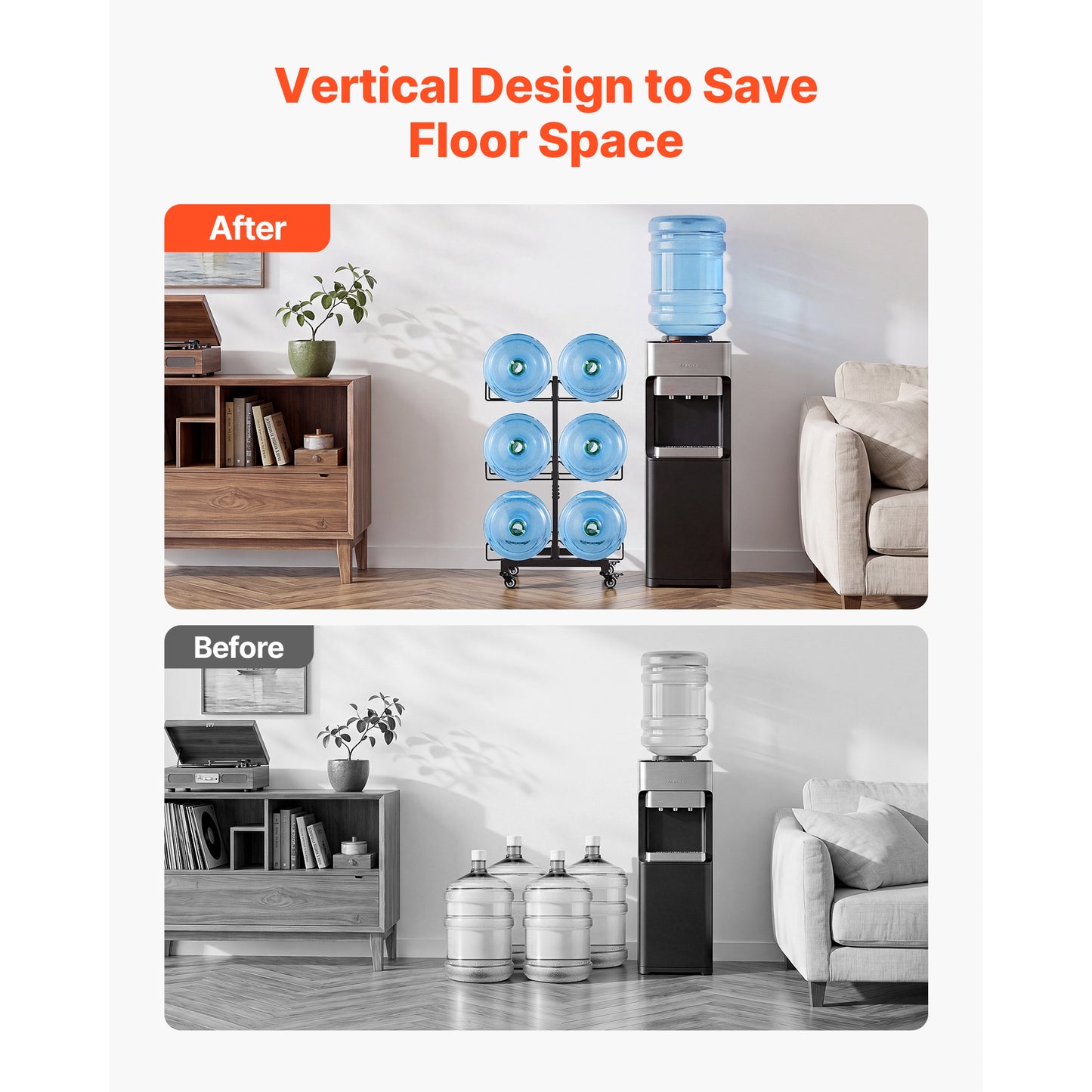 Heavy Duty Water Jug Holder Rack - 3 Tiers for 3 & 5 Gallon Bottles, Foldable with Casters & Handles, Kitchen & Office Organizer