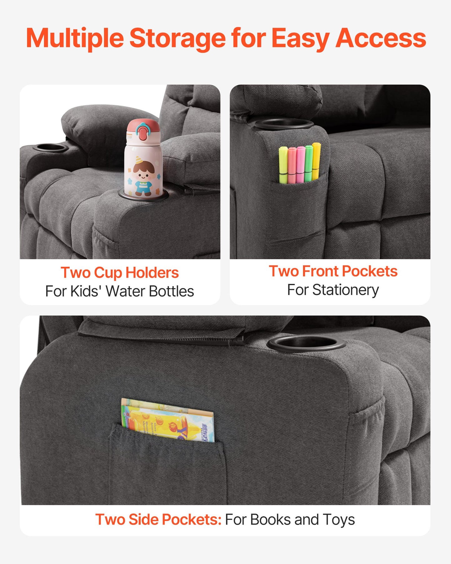 Kids Recliner Chair with Cup Holders & Adjustable Backrest - Gray