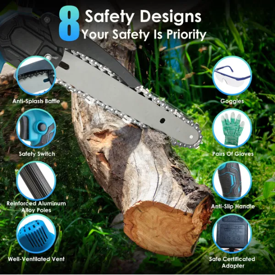 Cordless 8ft Pole & Mini Chainsaw Kit with 21V Batteries - Wood Cutting Tool