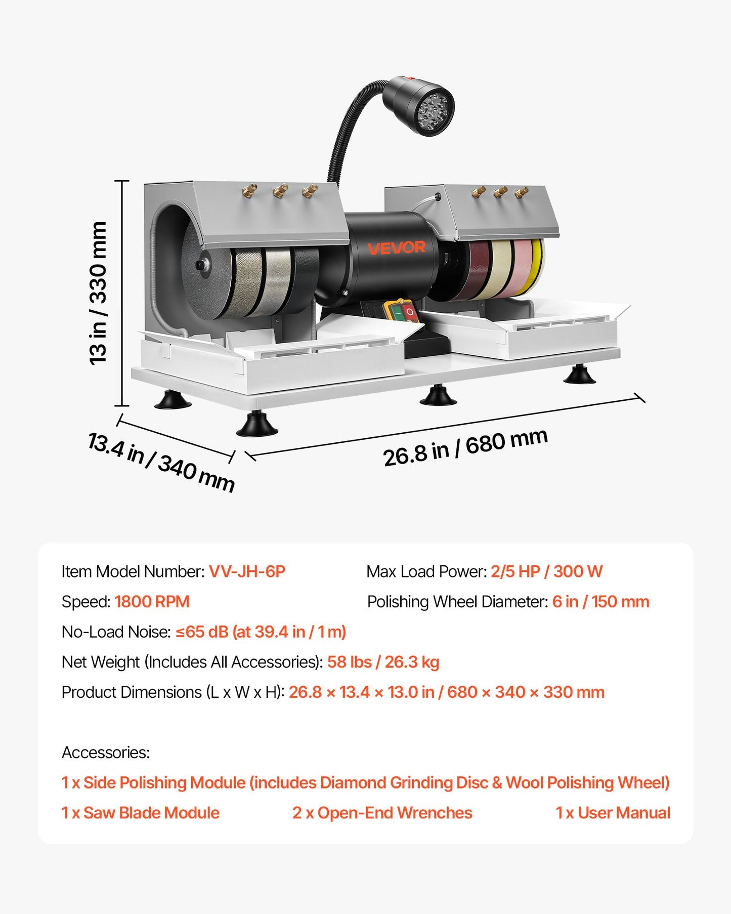 6-Inch Cabochon Grinding & Polishing Machine with Diamond Wheels, Water System, LED Light