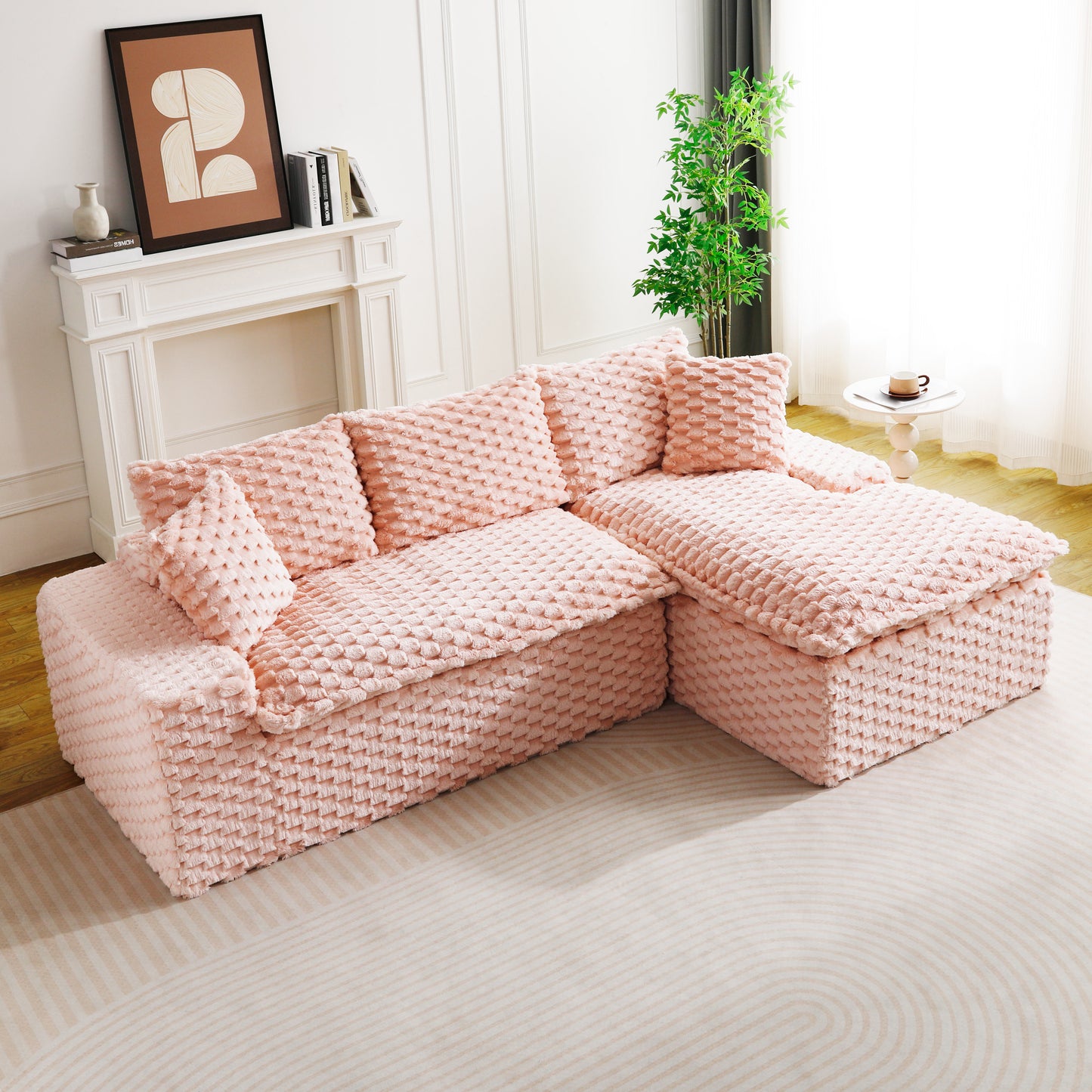 Convertible Pink Velvet Sofa with Chaise Lounge - Twin-Seat