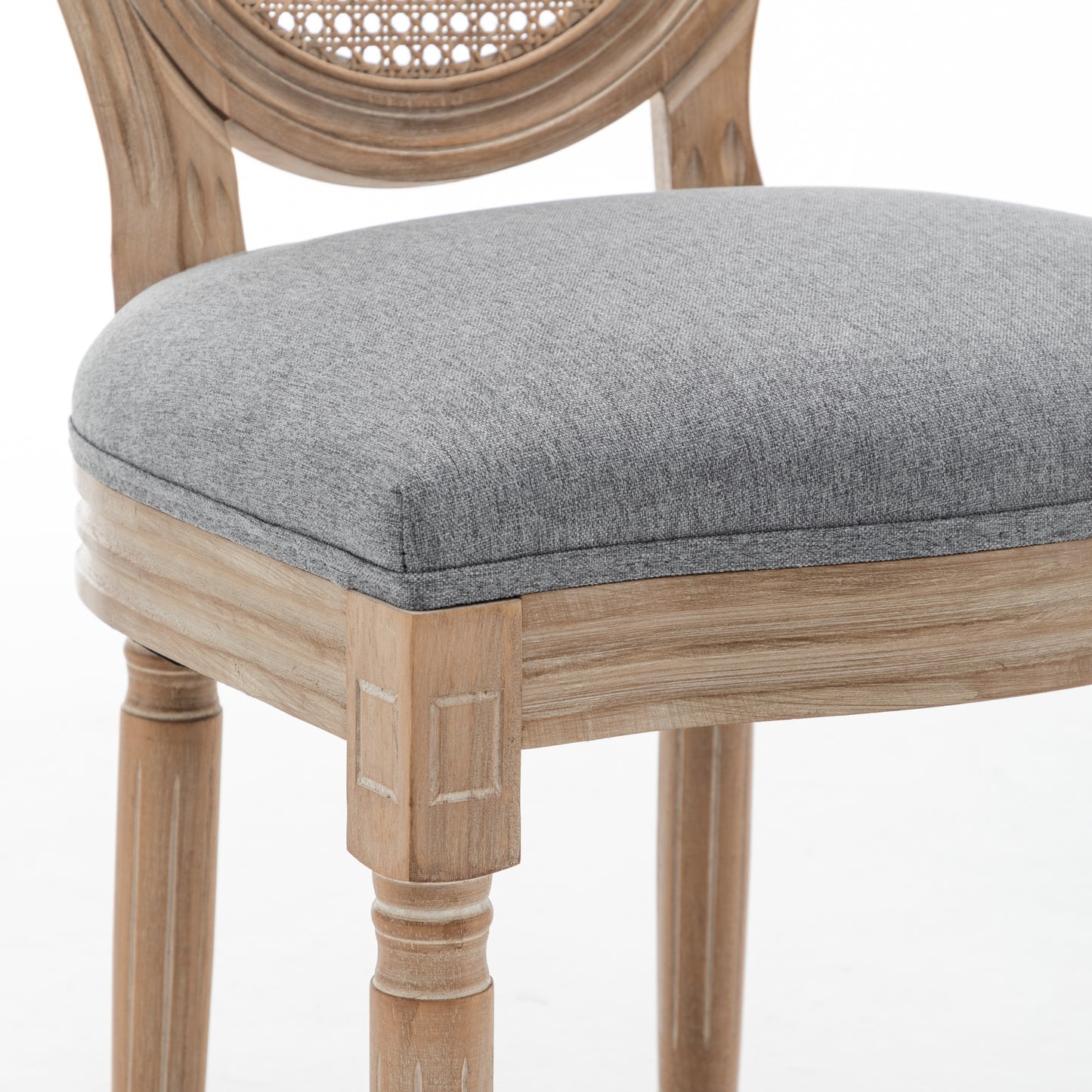 Farmhouse Dining Chairs Set of 2 - Grey Linen & Rattan Backrest