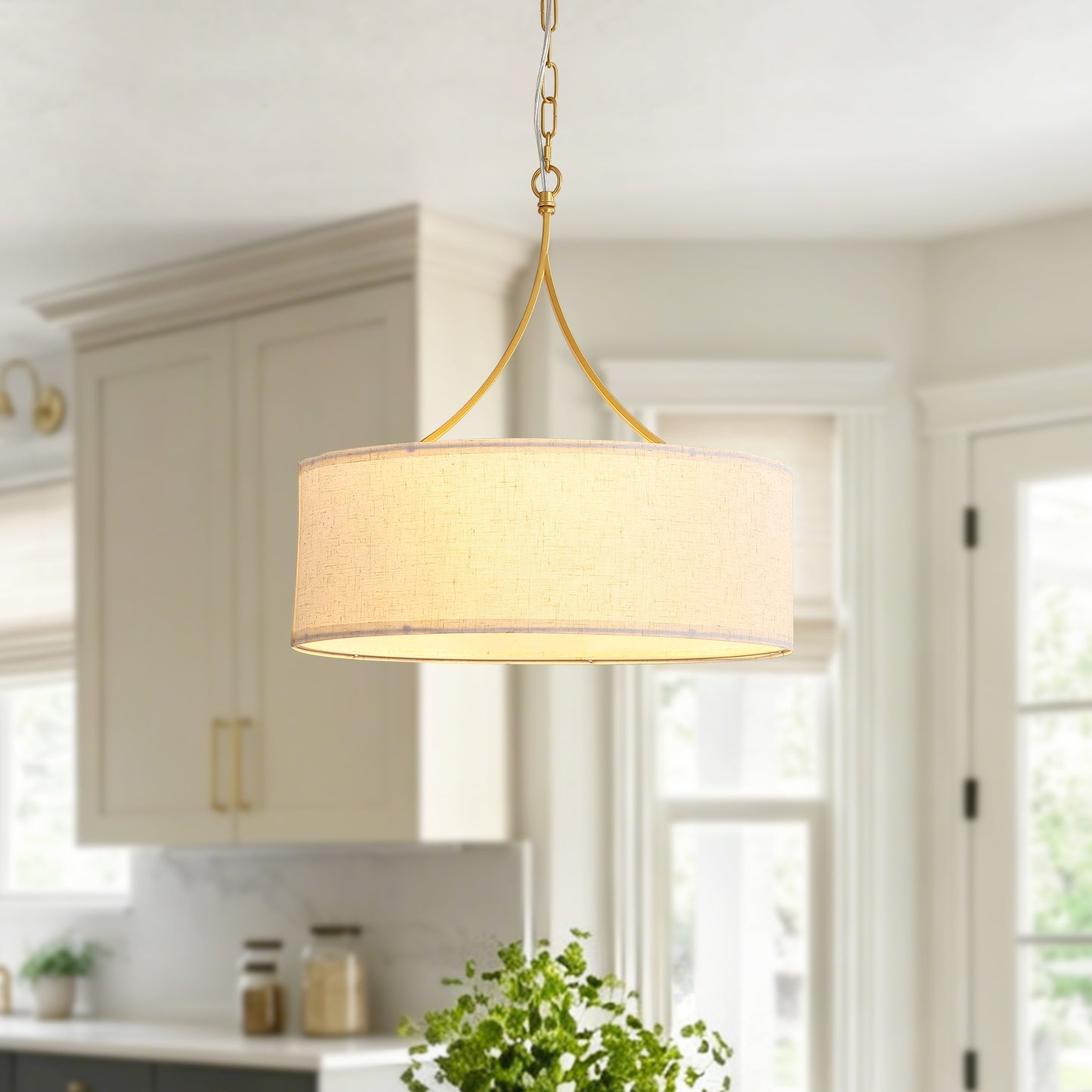 Golden Fabric Pendant Light - Adjustable Drum Chandelier for Dining & Living Rooms