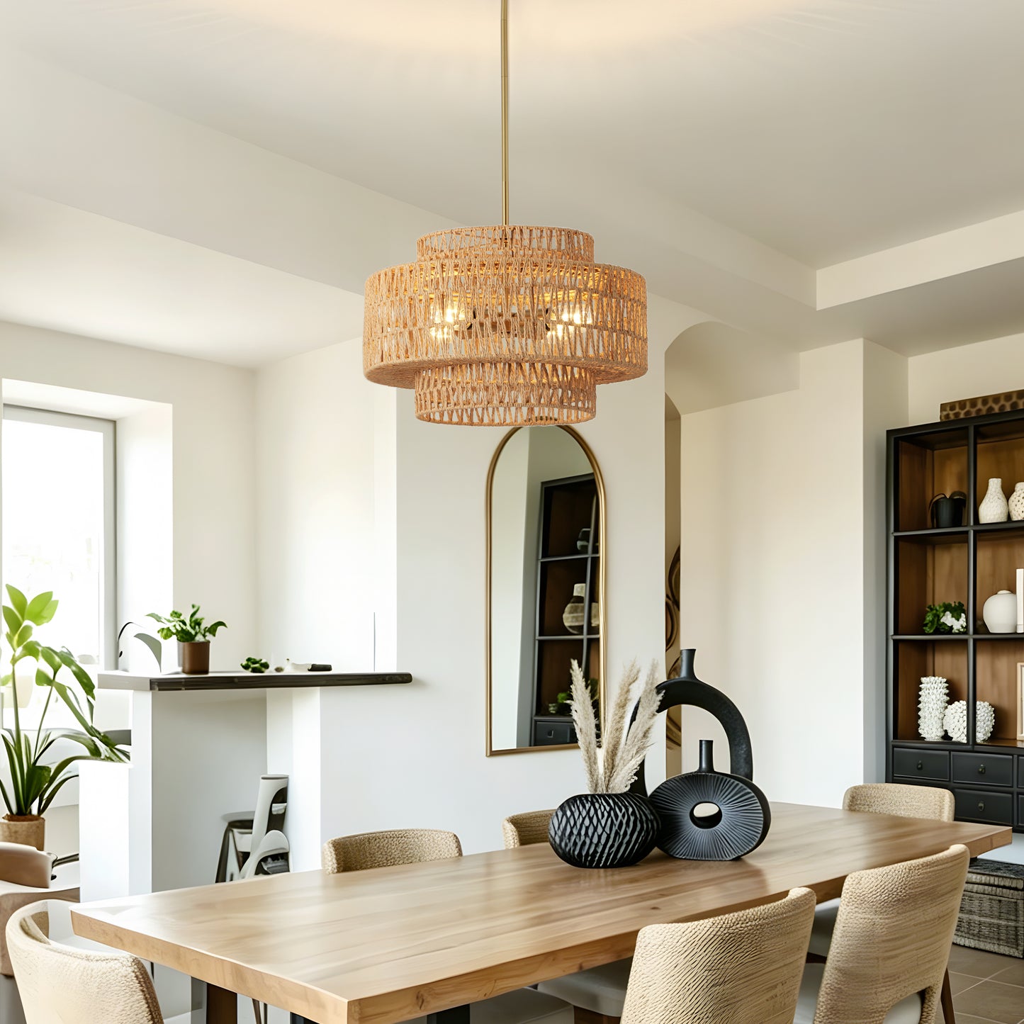 Boho Rattan Pendant Light Fixture - 17.7 Inch Farmhouse Chandelier, 4-Light