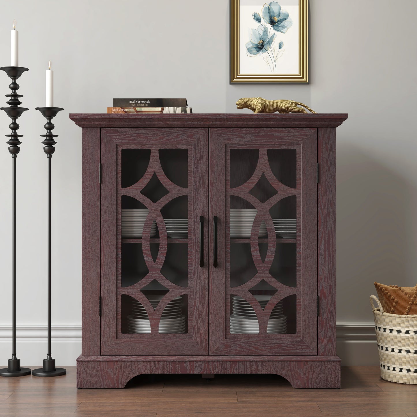 34.37 X 15.55 34.06in Spacious Size Sideboard 2 Clear Tempered Glass