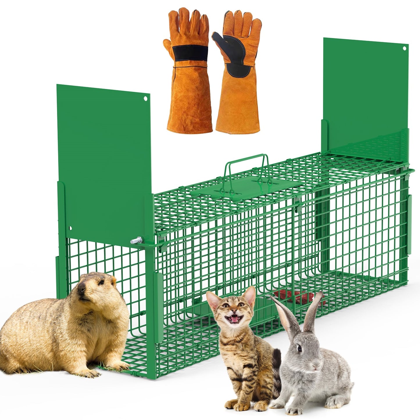 32-Inch Humane Animal Trap Cage with Gloves - Green
