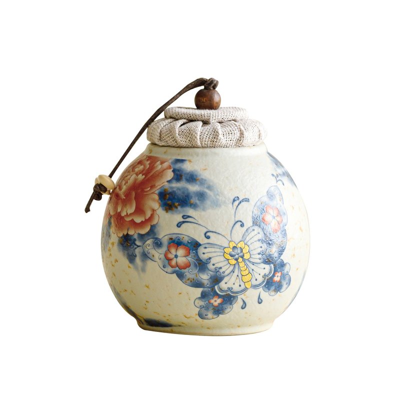 Antique-Style Small Ceramic Tea Canister with Peacock and Peony Design - Airtight Food Storage Jar